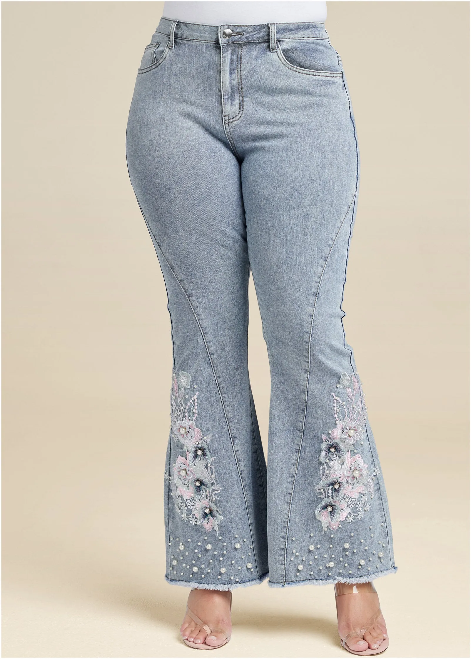 Floral Applique Jeans - Light Wash