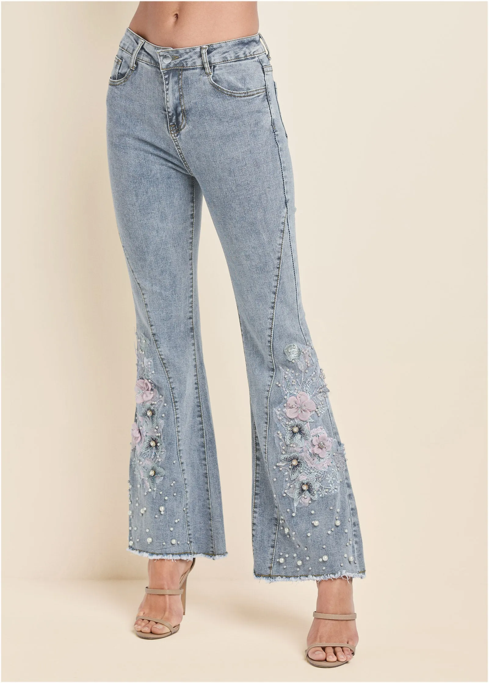 Floral Applique Jeans - Light Wash