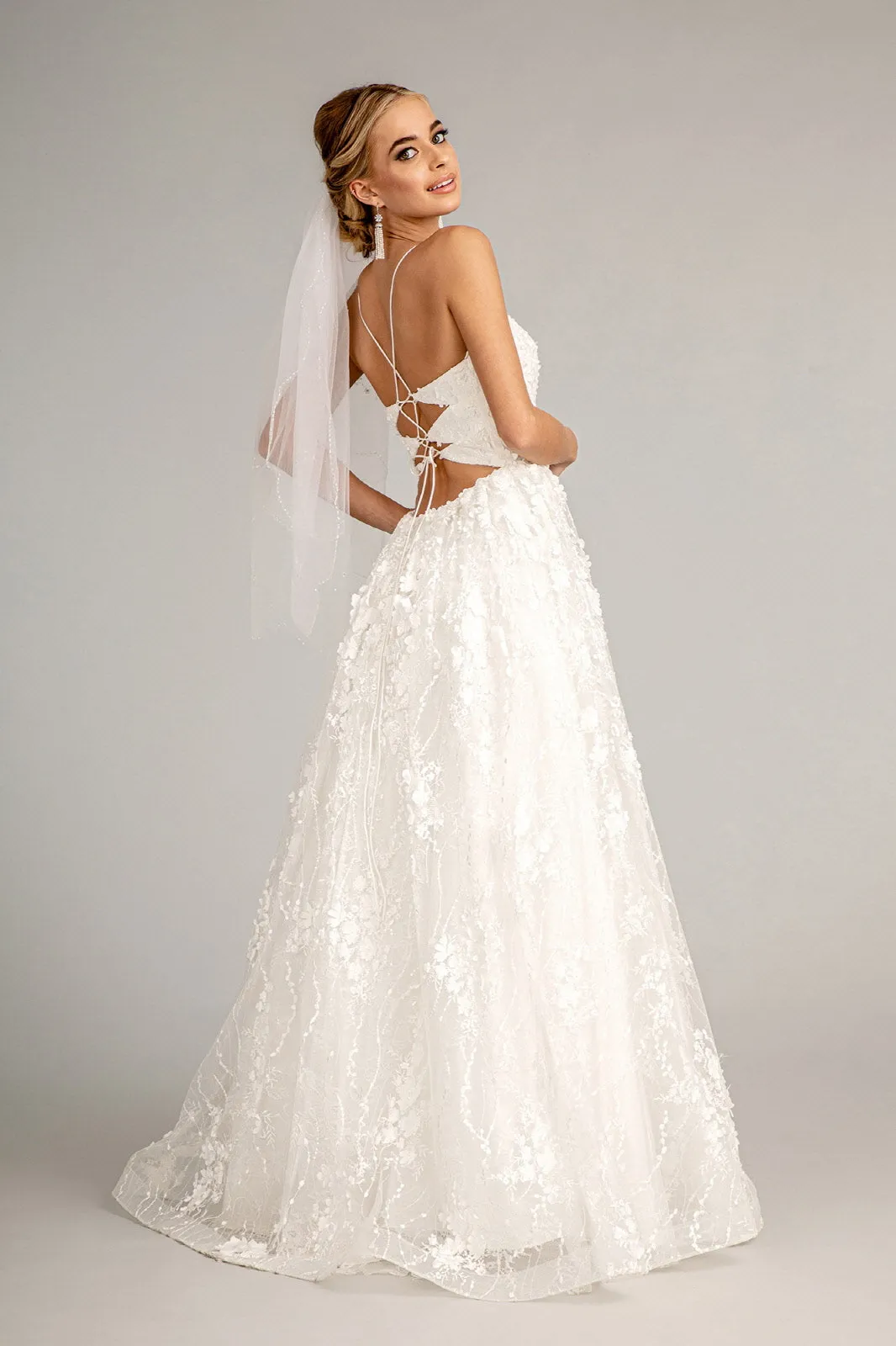 Floral Embroidered Lace-Up Mesh w/ Sweetheart Neckline Long Wedding Dress GLGL1985
