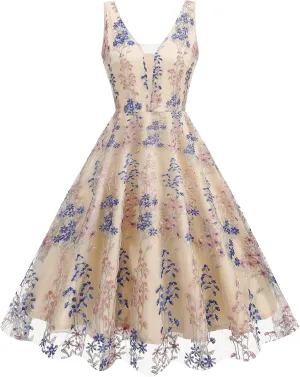 Floral Embroidery Dress for Women Plunge V Neck Sleeveless Flower Embroidered Dress Tulle Prom Dress Short Wedding Guest Vintage Cocktail Dress Formal Evening Tea Party Dress Apricot Royal Blue M
