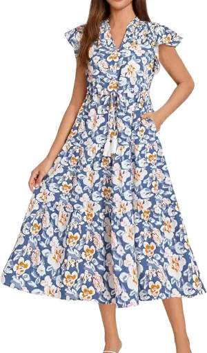 Floral Midi Dress for Women Summer V Neck Cap Sleeve Tie Front Fit and Flare Dress Beachy Elegant Tea Length Dresses