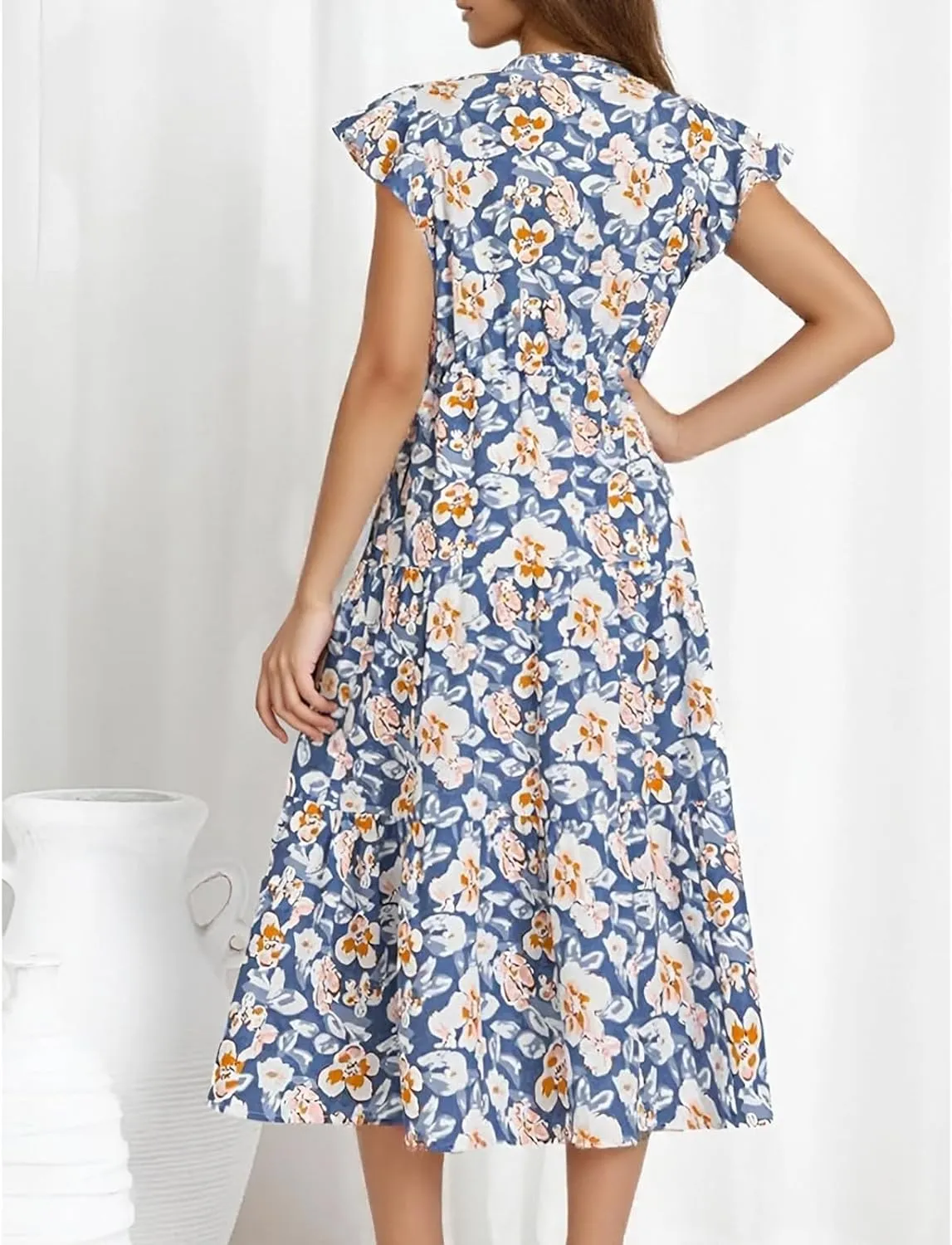Floral Midi Dress for Women Summer V Neck Cap Sleeve Tie Front Fit and Flare Dress Beachy Elegant Tea Length Dresses