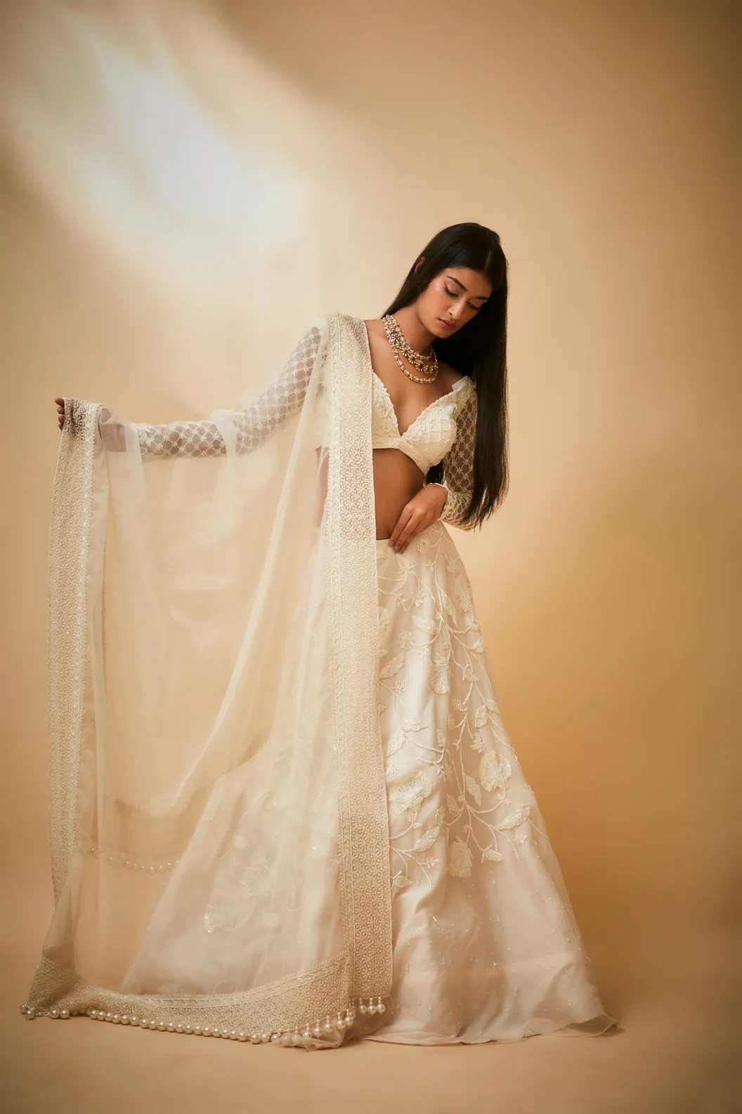 Floral organza floral lehnga with pearl detail dupatta