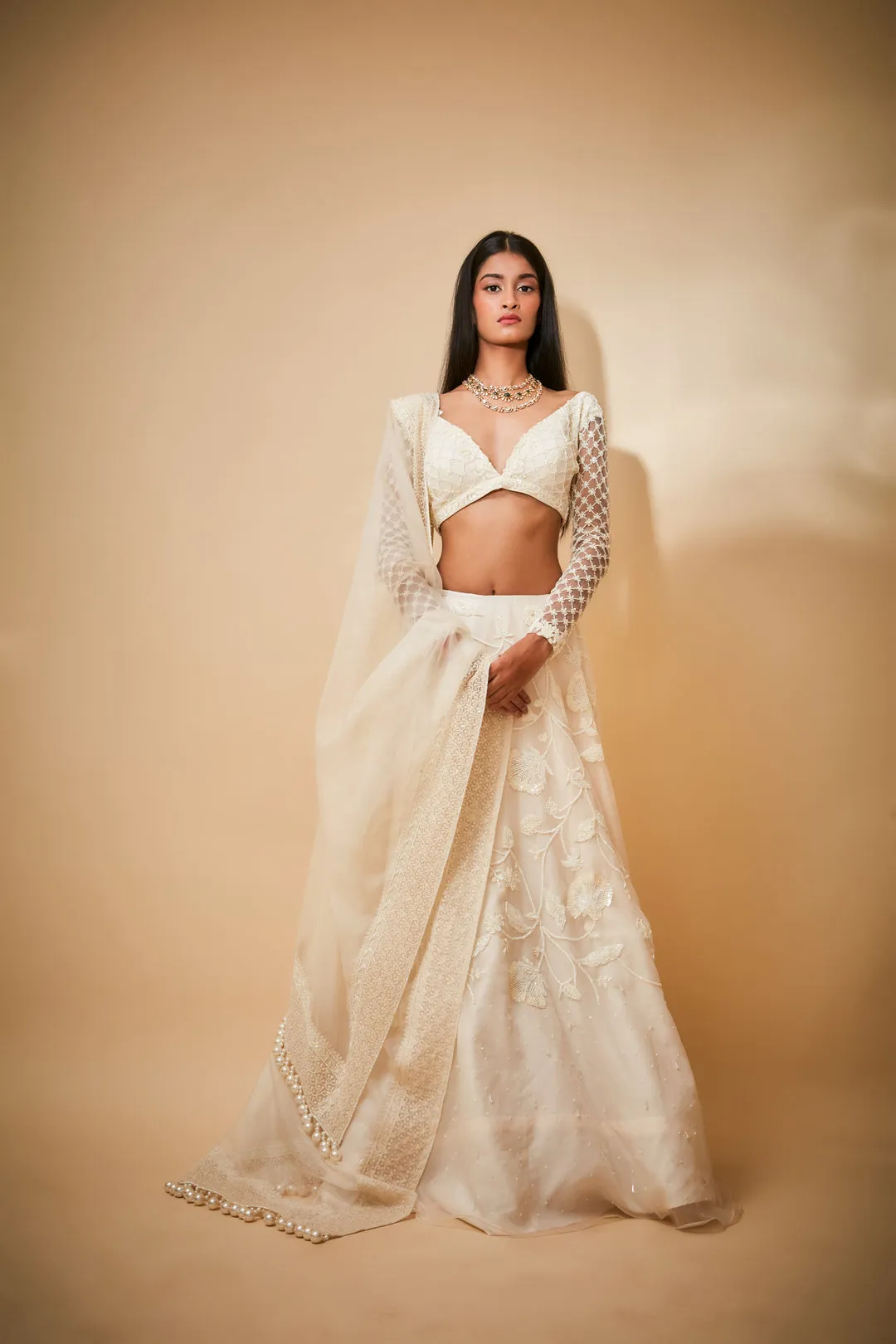 Floral organza floral lehnga with pearl detail dupatta