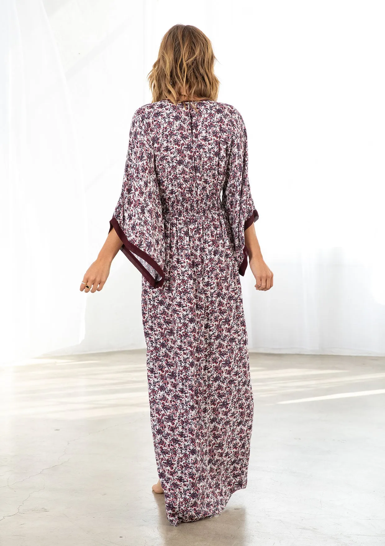 Floral Print Smocked Waist Kimono Maxi Dress