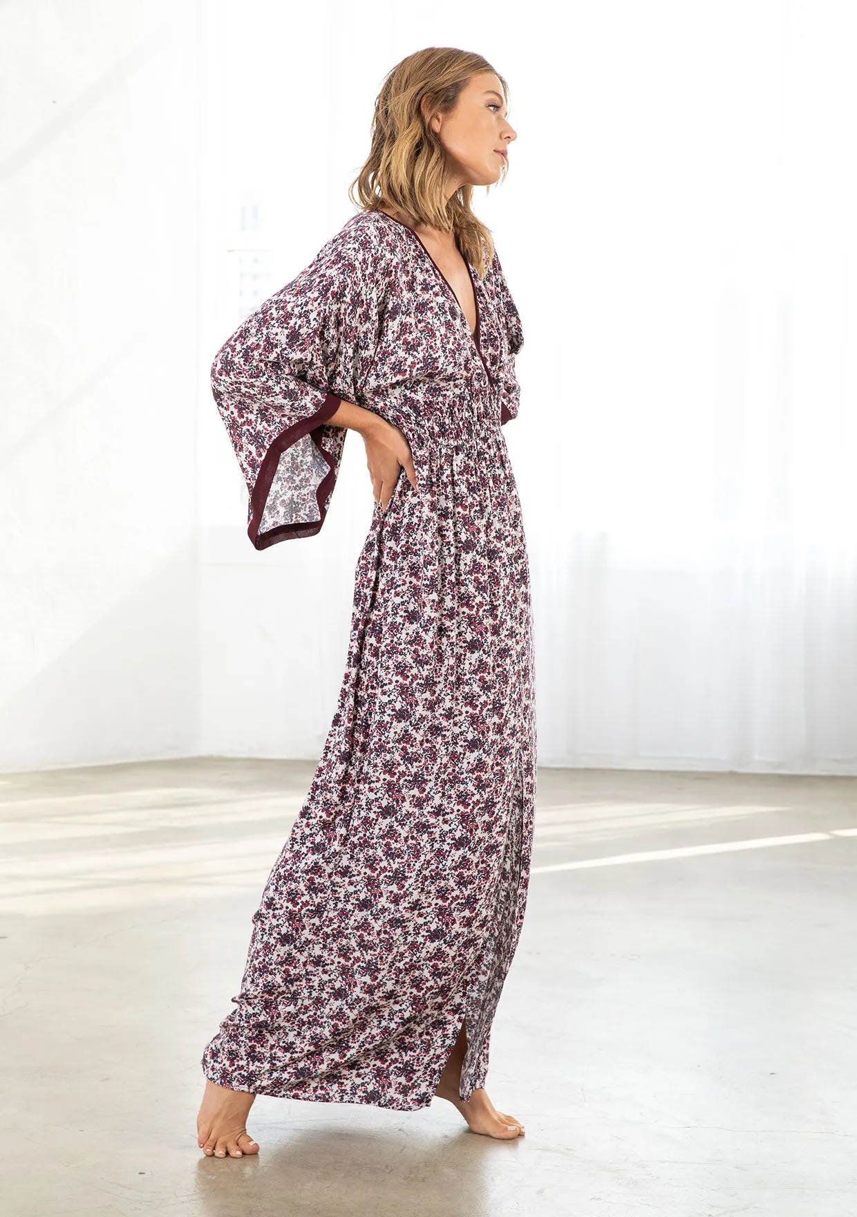 Floral Print Smocked Waist Kimono Maxi Dress