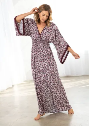 Floral Print Smocked Waist Kimono Maxi Dress