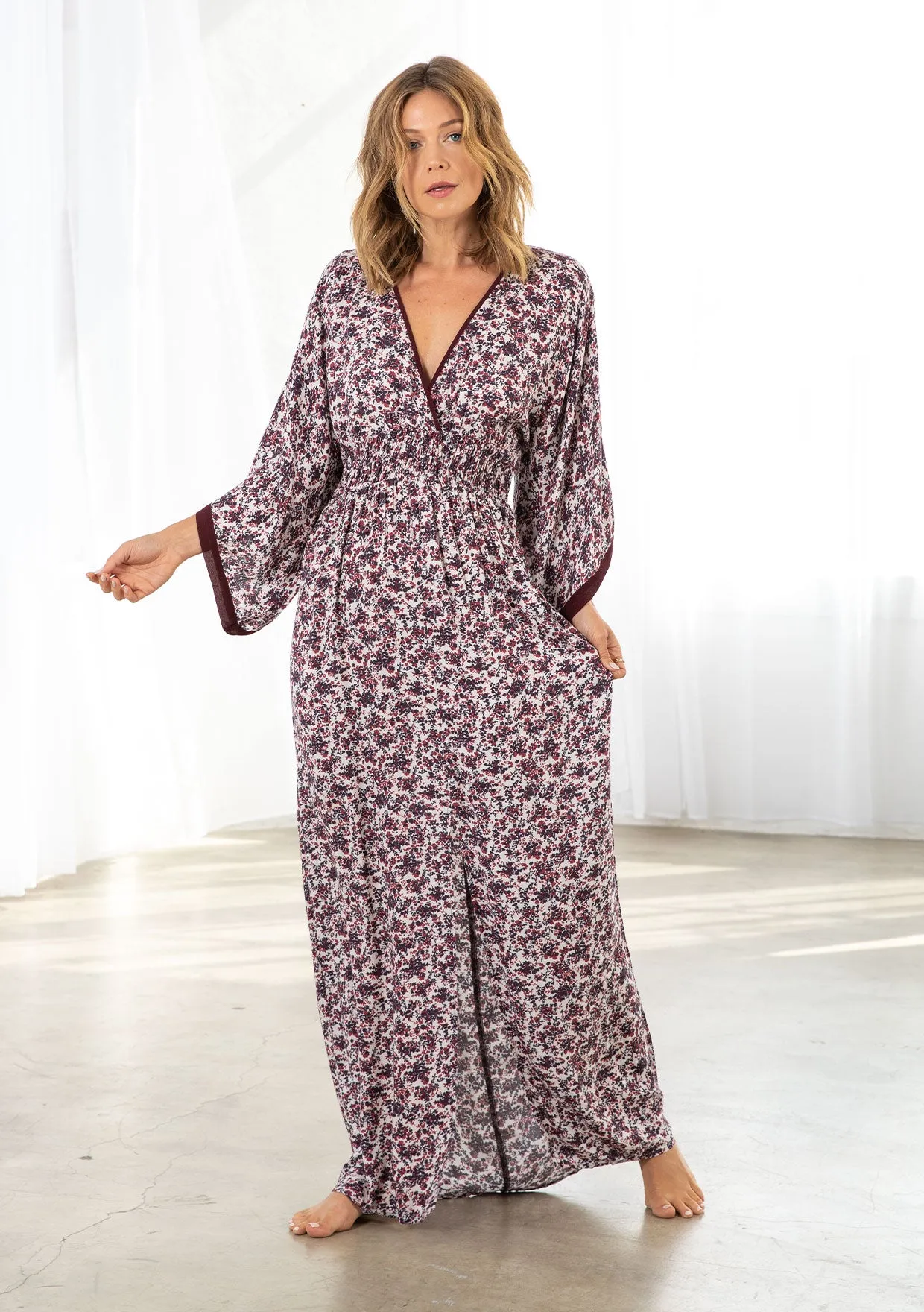 Floral Print Smocked Waist Kimono Maxi Dress