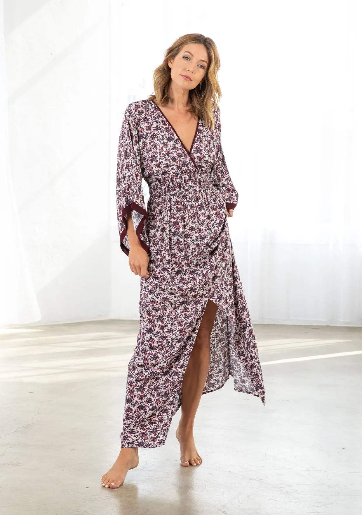 Floral Print Smocked Waist Kimono Maxi Dress