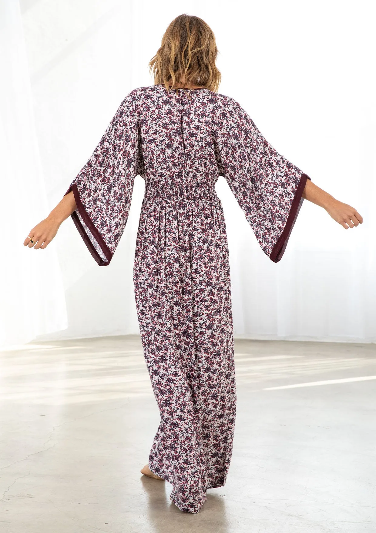 Floral Print Smocked Waist Kimono Maxi Dress