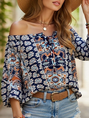 LayeredCuff Fashionable Shirt Floral Off-Shoulder Ruffle Knot Shirt