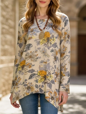 Hidden Storage Pockets floral print crew neck long-sleeved top