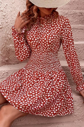 FLORAL SLEEVE SLIM WAIST DRESS Gentle Glow