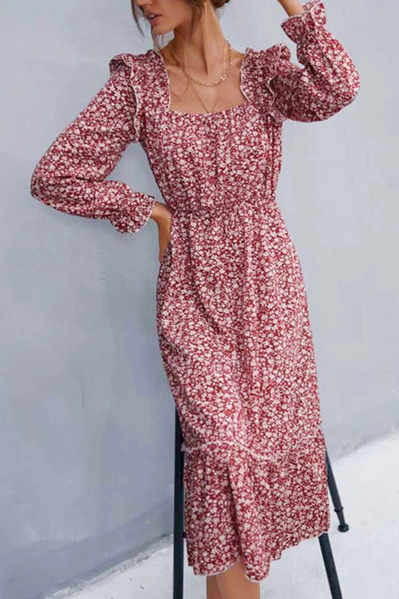 FLORAL SQUARE NECK FRILL SHOULDER DRESS Elegant Waistband Fit Underwire-Support