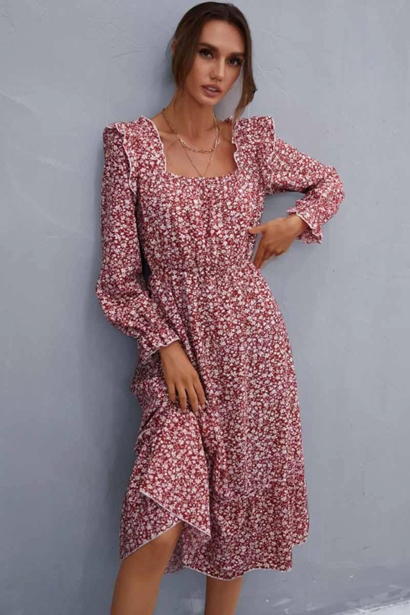 FLORAL SQUARE NECK FRILL SHOULDER DRESS Chic beachwear dress