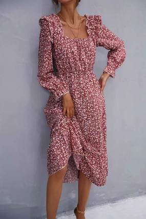 FLORAL SQUARE NECK FRILL SHOULDER DRESS Stylish Mood