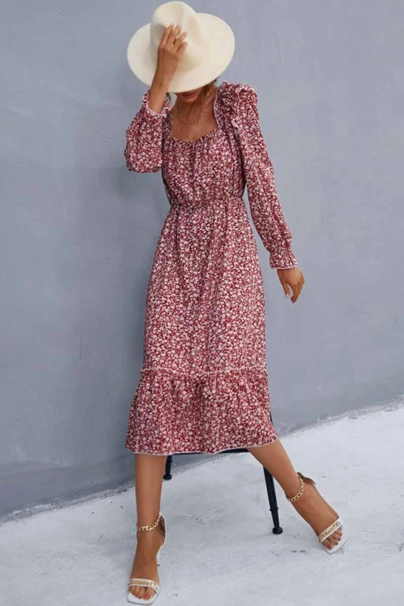 Mood Edge Minimalist Layering FLORAL SQUARE NECK FRILL SHOULDER DRESS