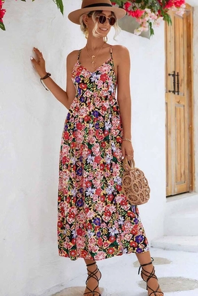 Non-Iron Comfortable Design Wear FLORAL V NECK SPAGHETTI STRAP SLIT DRESS