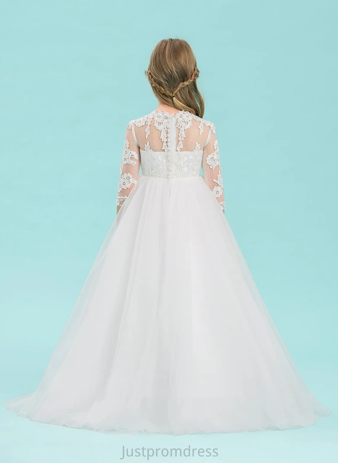 Flower Sleeves Neck Dress Scoop Girl Ball-Gown/Princess - Martina Floor-length Flower Girl Dresses 3/4 Tulle