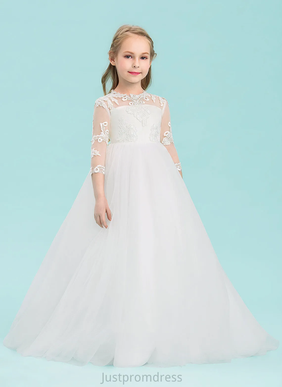 Flower Sleeves Neck Dress Scoop Girl Ball-Gown/Princess - Martina Floor-length Flower Girl Dresses 3/4 Tulle