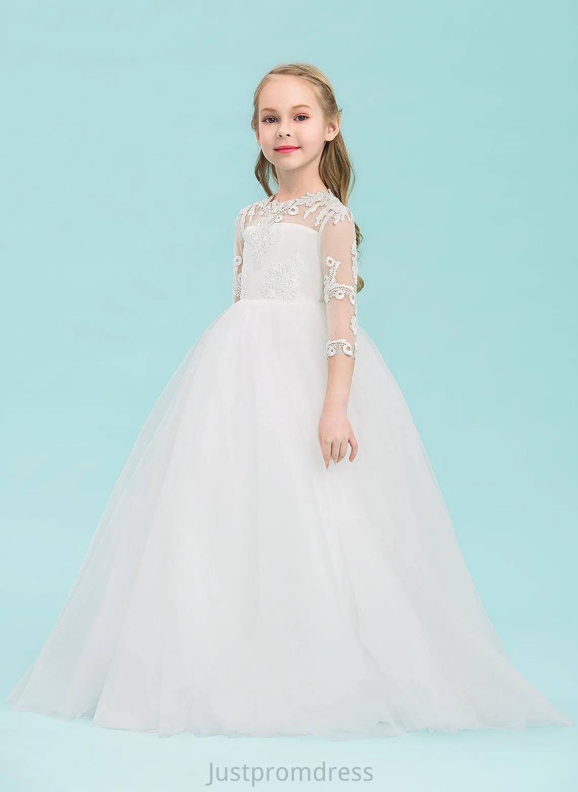Flower Sleeves Neck Dress Scoop Girl Ball-Gown/Princess - Martina Floor-length Flower Girl Dresses 3/4 Tulle