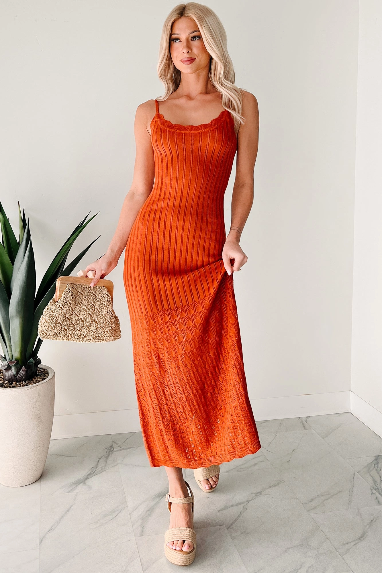 Smooth Outline Relaxed Comfort Look Flowy Dreams Sleeveless Crochet Maxi Dress (Burnt Orange)