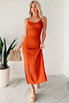 Flowy Dreams Sleeveless Crochet Maxi Dress (Burnt Orange) Breezy Comfort Casual Core