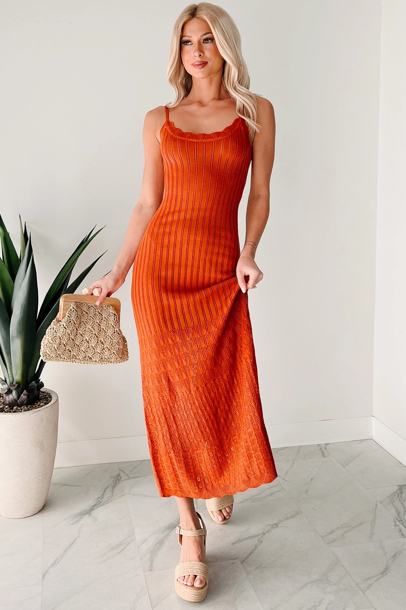 Form Flow Fall Fashion Flowy Dreams Sleeveless Crochet Maxi Dress (Burnt Orange)