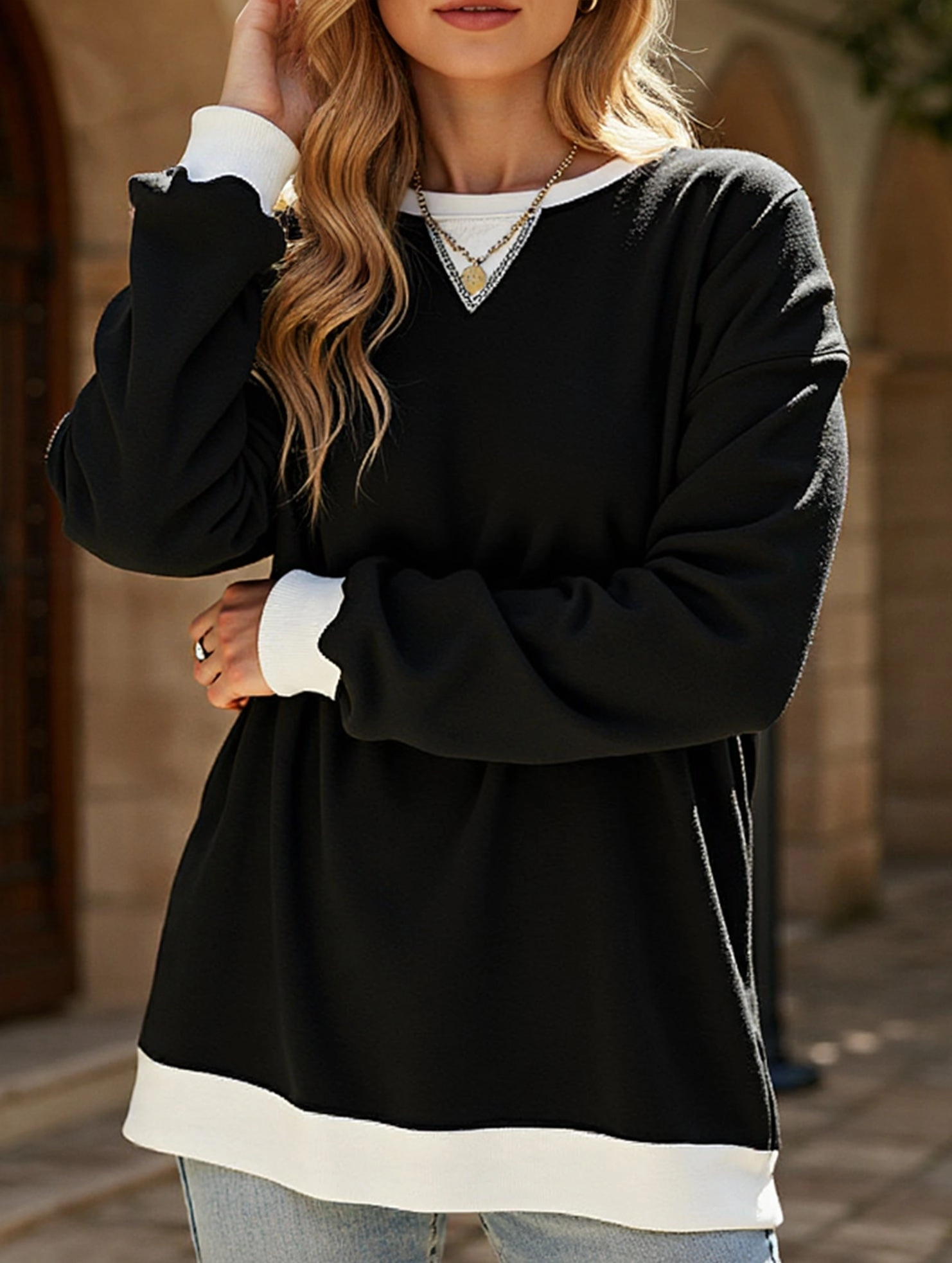 Comfortable Collar Anti Static Treatment Contrast color splicing round neck sweater