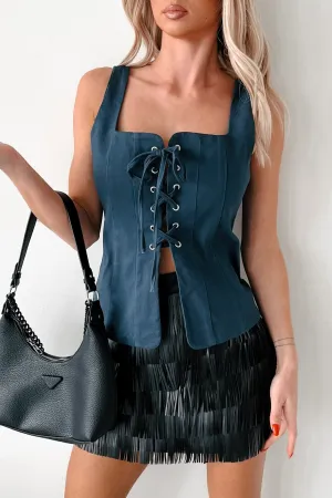 BreathableMeshPanels Four Way Stretch Chance Meeting Lace-Up Top (Denim Blue)