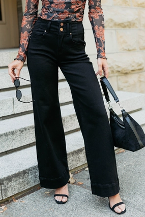 Quick Drying Chilly Weather Wear Frederick High Rise Wide Leg Risen Jeans (Black)