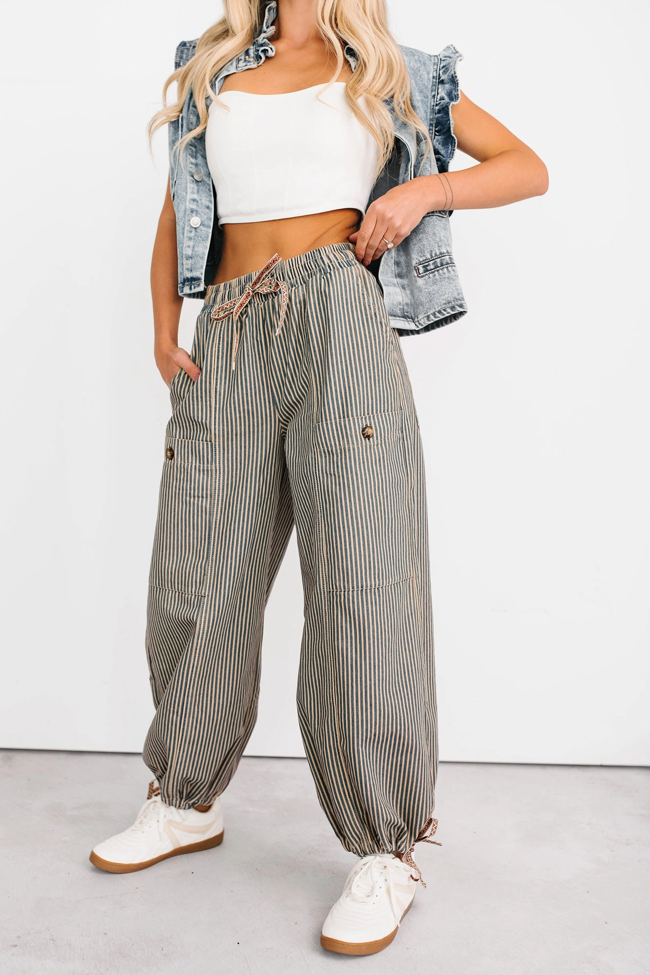 City Wear Restless Heart Striped Wide Leg Drawstring Pants (Latte)