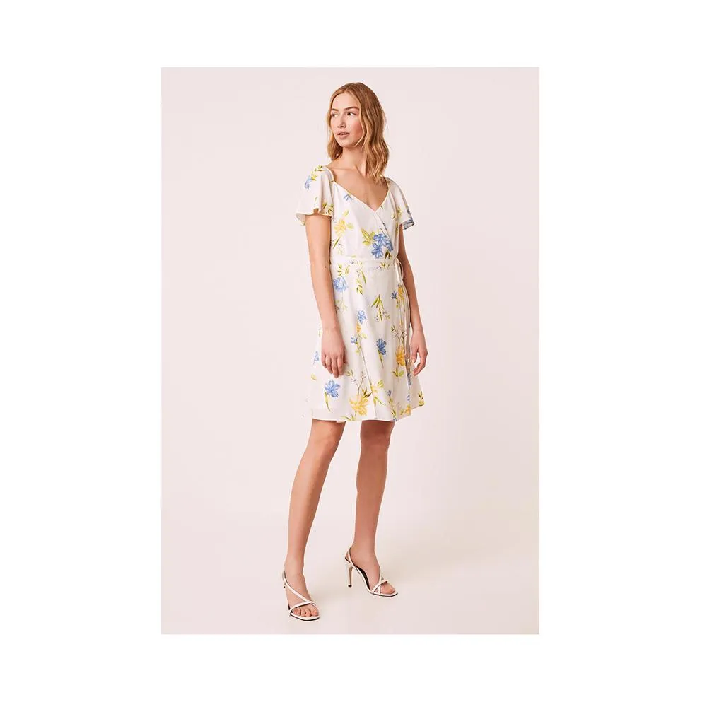 French Connection Eme Crepe Faux Wrap Dress Summer White Multi 71NGR