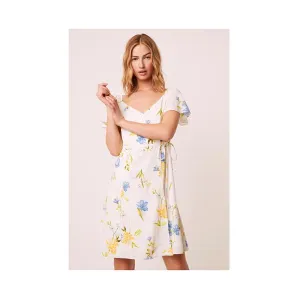 French Connection Eme Crepe Faux Wrap Dress Summer White Multi 71NGR