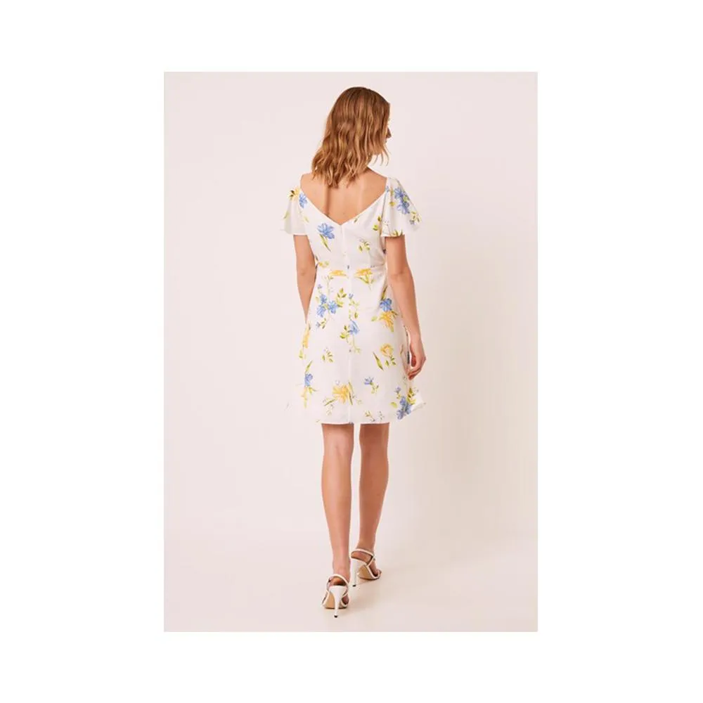 French Connection Eme Crepe Faux Wrap Dress Summer White Multi 71NGR