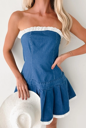 Catch A Thrill Strapless Pleated Mini Dress (Denim) Flattering Layer Versatile party outfit