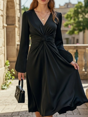 Breathable Material Daily Form French Royal Sister Style V-Neck Waist Long Dress