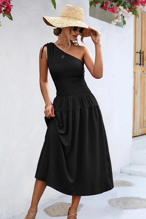 HALF OFF SHOULDER SLIM WAIST MIDI DRESS Trendy Vibes