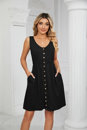 Embroidered Fabric Casual Vibes SLEEVELESS BUTTON POCKET SLIM WAIST DRESS