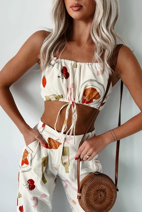 French Bistro Printed Drawstring Crop Top (Ivory) WeightedHem Ergonomic Shoulder Cut