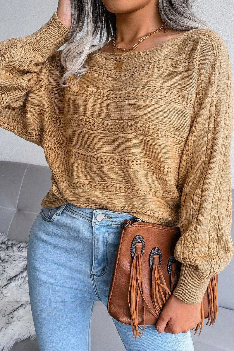 RibbedHemline MultiFunctional Pocket Placement WOMEN CABLE KNIT BOAT NECK OVERSIZED SWEATER