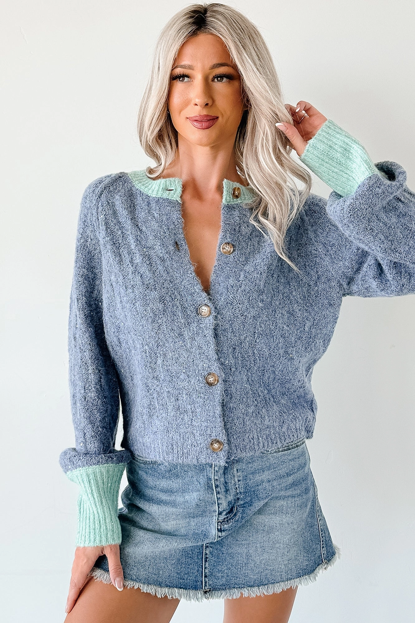 Daydream Zen Knit Contrast Glittery Cardigan (Blue) High Collar Option