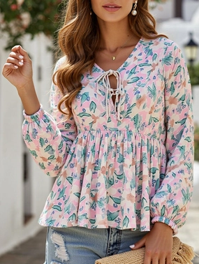 Lace-Up Printed Loose Shirt ??Women's Casual Bohemian Blouse Elegant Cardigan