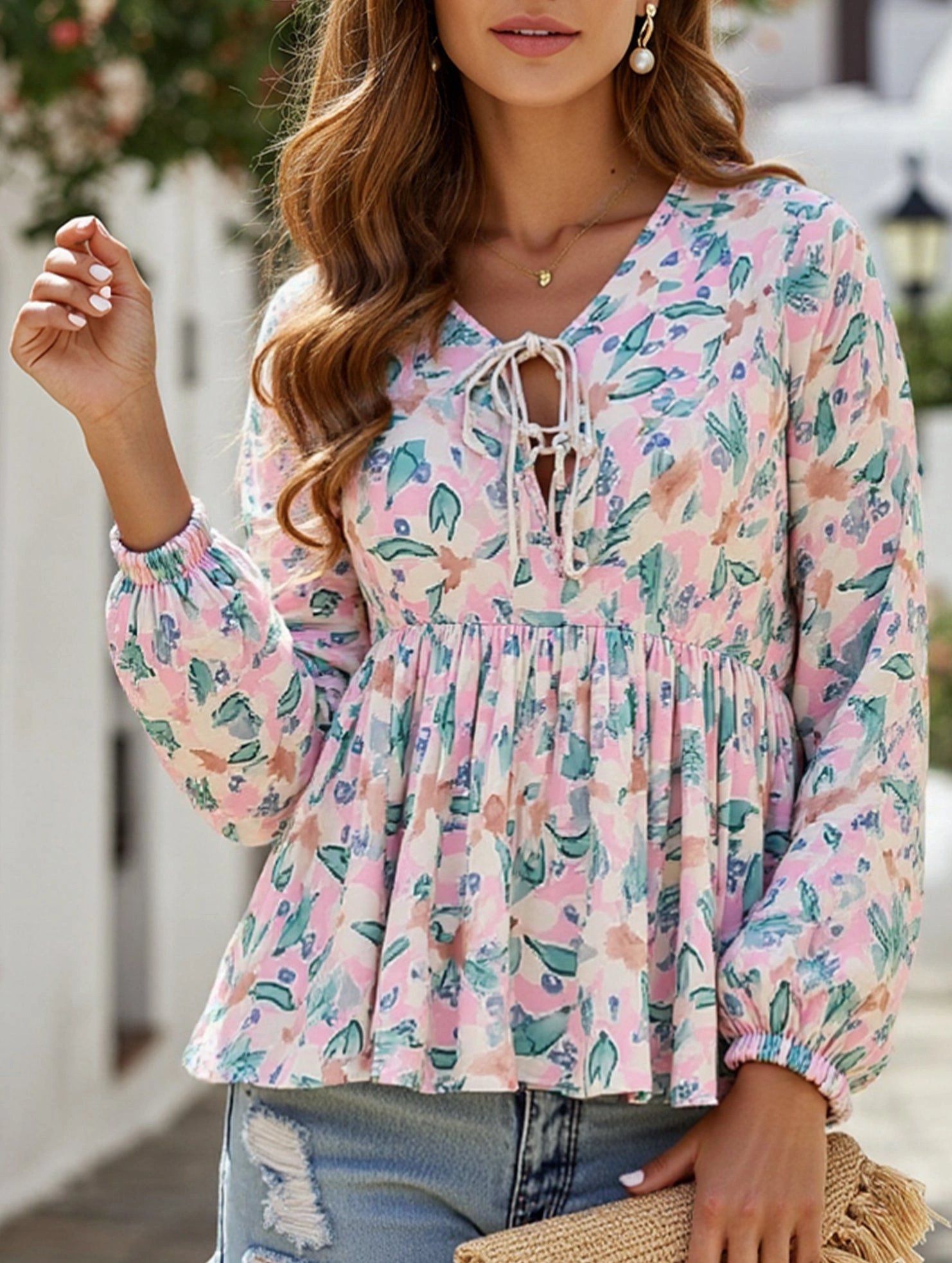 ElasticEdgeBinding Compact TravelFriendly Design Lace-Up Printed Loose Shirt ??Women's Casual Bohemian Blouse