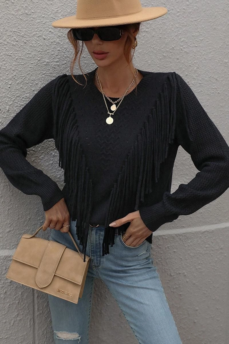 FRONT TASSEL DETAILED KNIT SWEATER TOP NonRestrictive Fit HeatRegulating