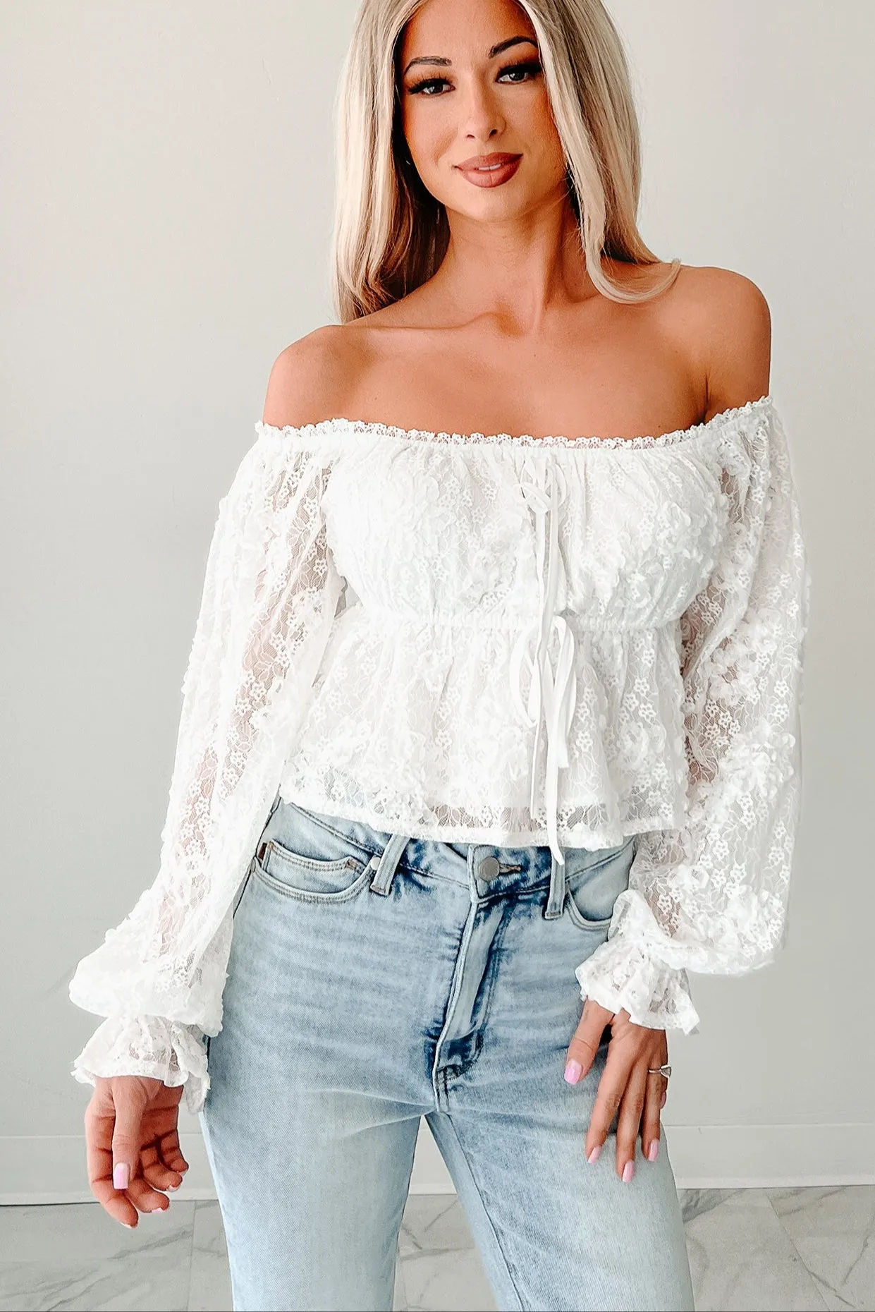 Frosted Whimsy Lace Long Sleeve Top (White) Airflow Optimized Weave