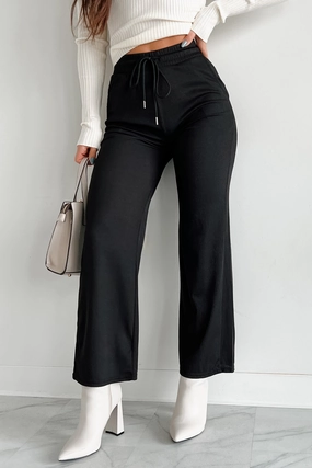 I'm Staying Put Wide Leg Drawstring Pants (Black) Chic Comfort WrinkleResistantMaterial