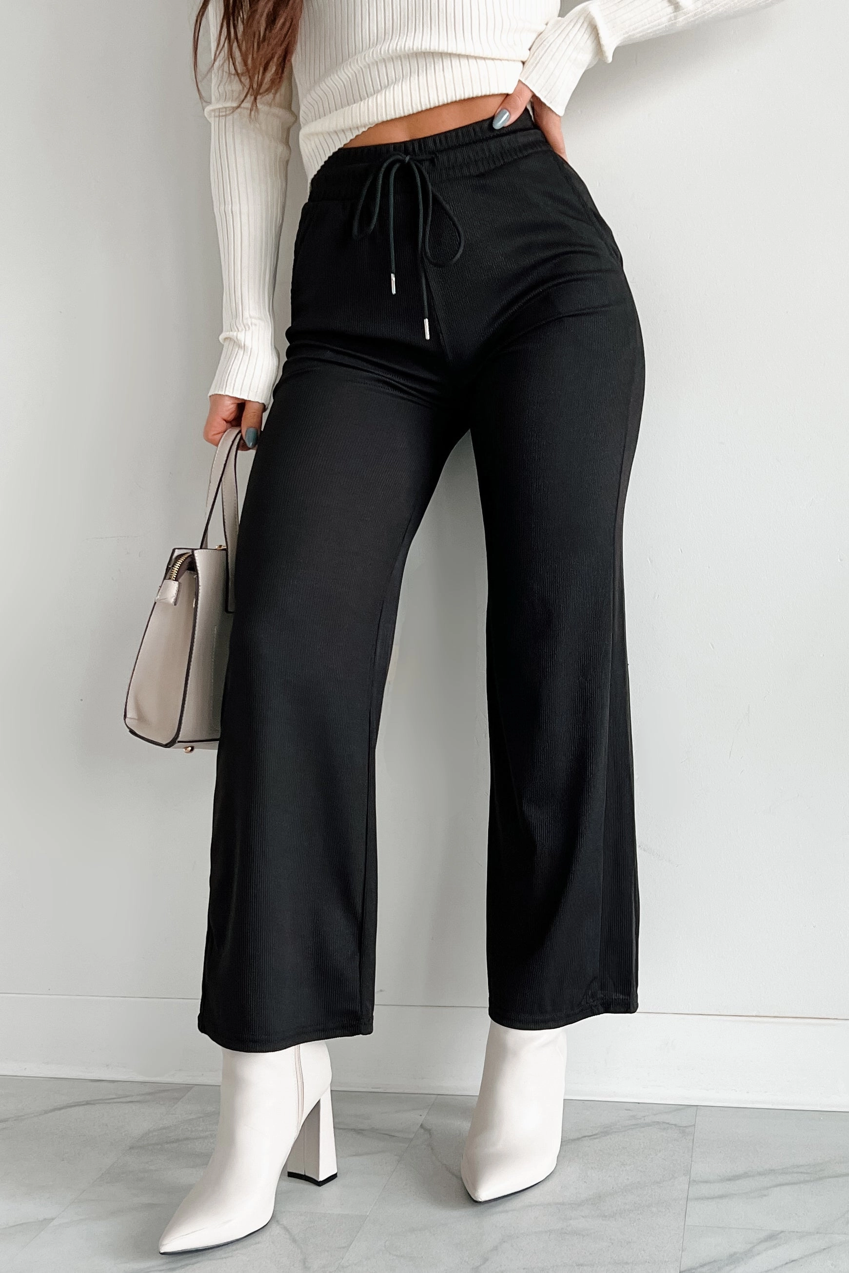 I'm Staying Put Wide Leg Drawstring Pants (Black) feeling venue