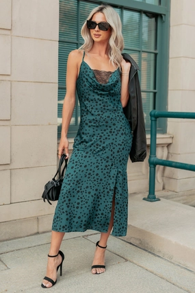 Full Potential Sleeveless Polka Dot Midi Dress (Teal) Tassel-Detail Silky Surface