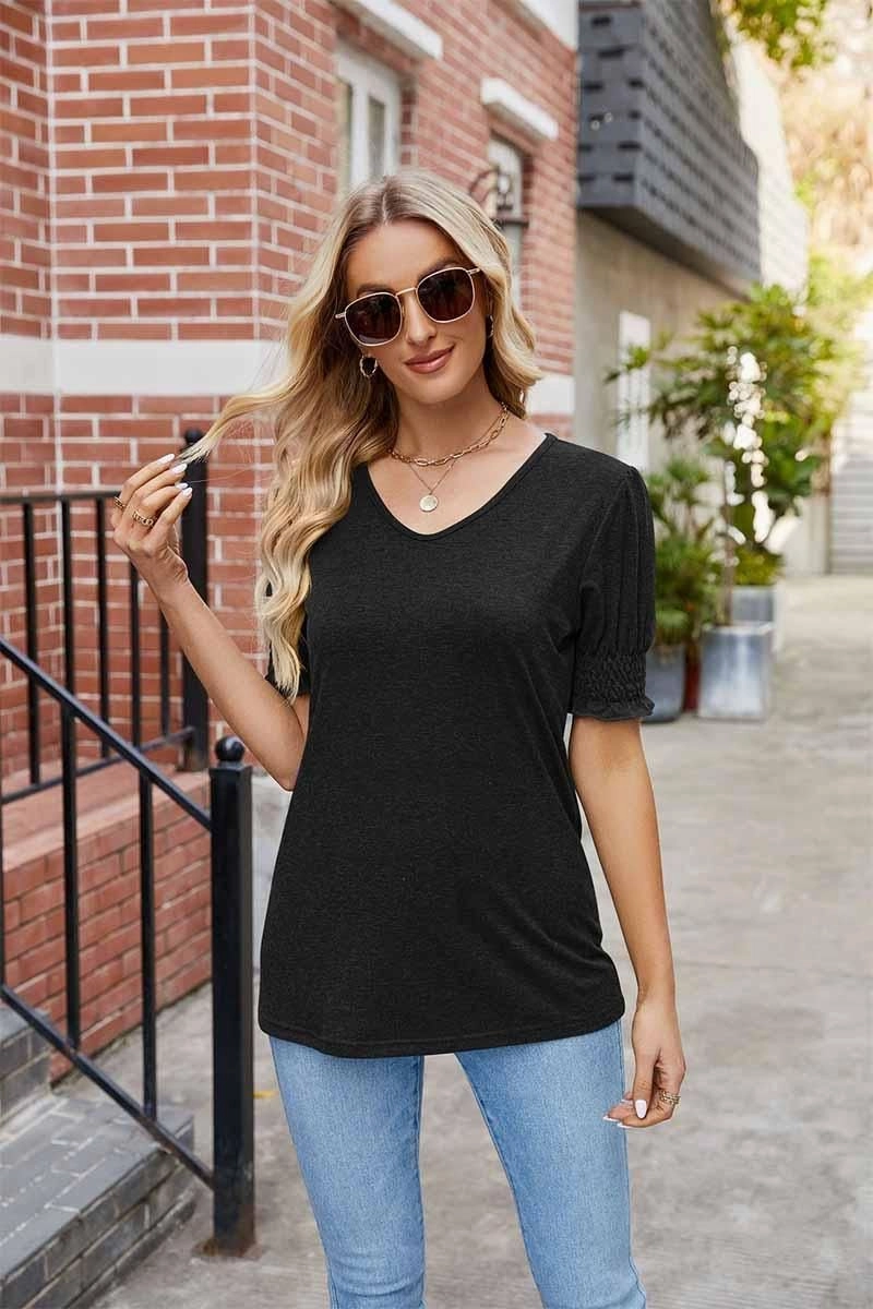 PLEATED FRILL PUFF SLEEVES V NECK TEE PreShrunkFabric